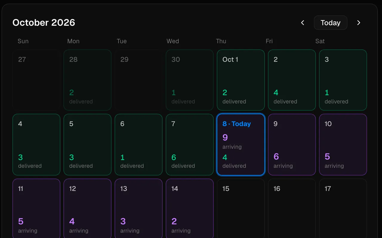 The Calendar page with example data