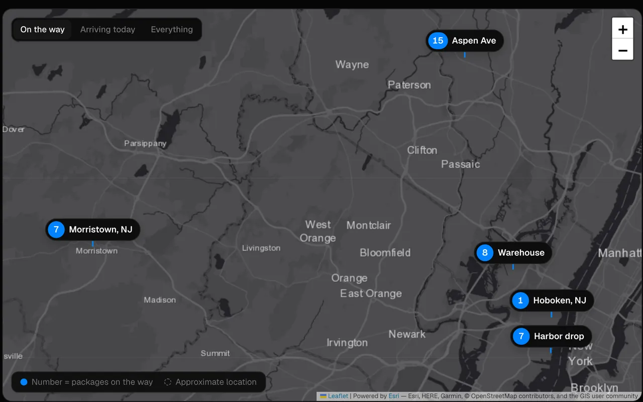 The Map page with example data