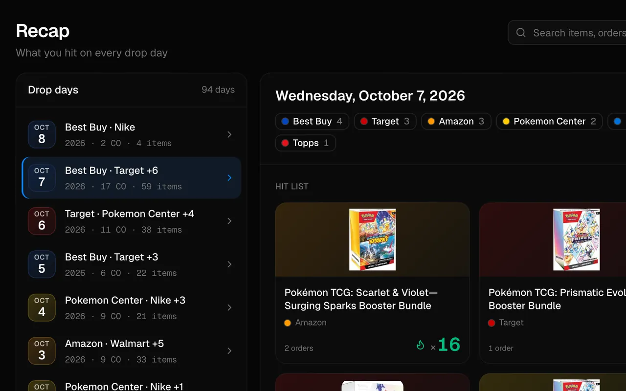 The Recap page with example data